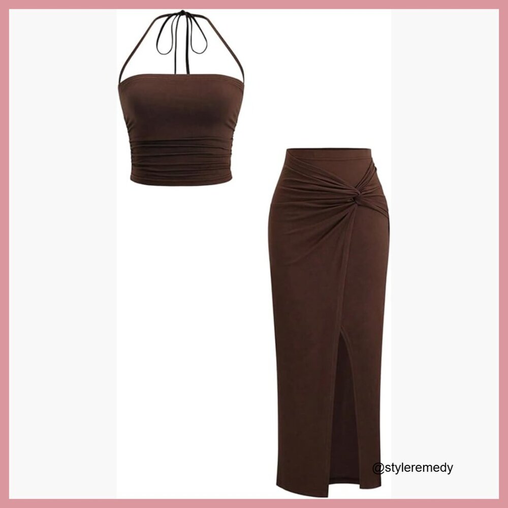 Polyester Elastane Ruched Crop Halter Top Slit Bo… - image 1